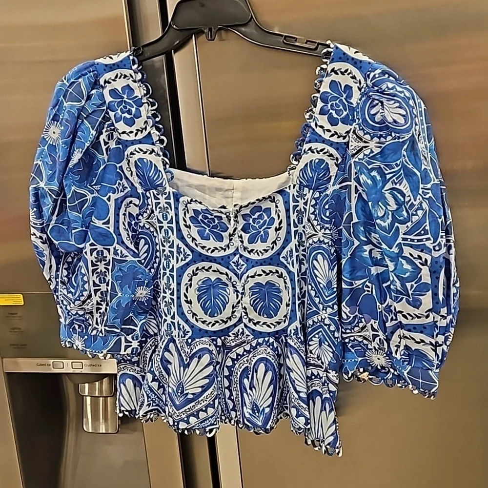 💕FARM RIO💕 Blue Tile Dream Short Sleeve Blouse ~ Floral Large L NWT *DAMAGED*